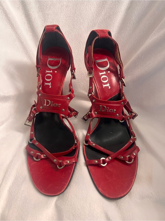 Dior Shoes - Dior Bondage Red Leather Studded Strappy Heels